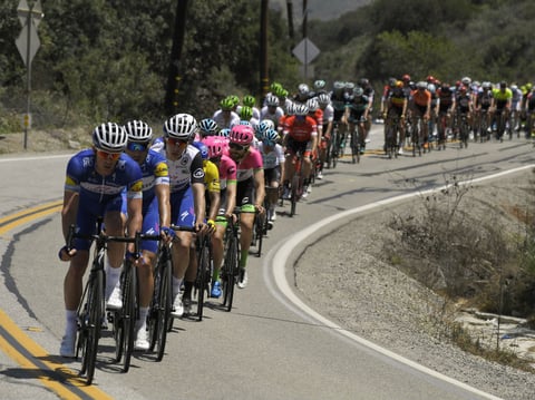 The peloton rides during Stage 2 of the AMGEN cycling Tour of California Monday, May 14, 2018, in Ojai, Calif. 